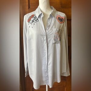 Torrid Lizzie blue striped embroidered rayon twill button-up long-sleeve shirt